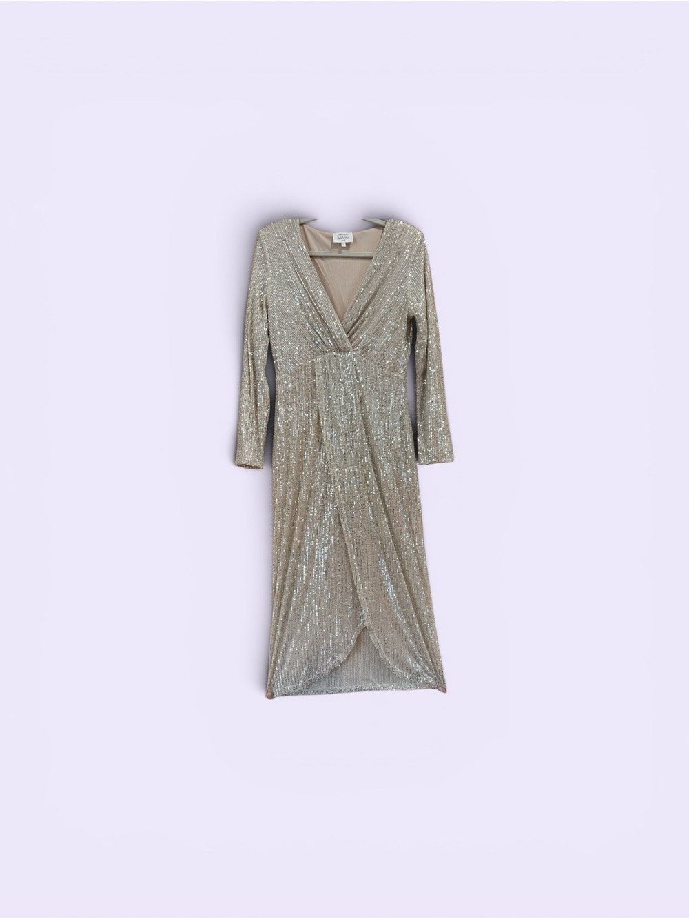Evening Gold Sparkle Wrap Midi Dress in Champagne